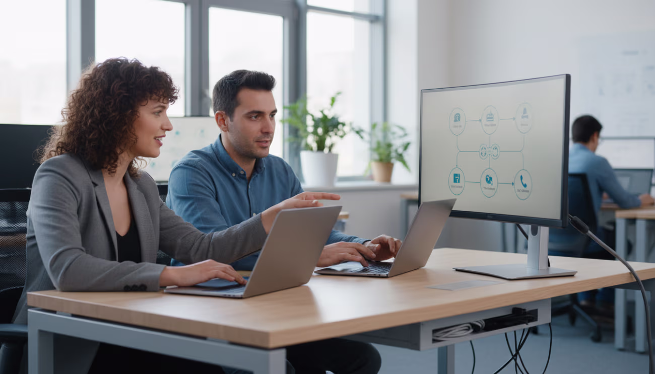 Two-person IT team discussing VoIP Services