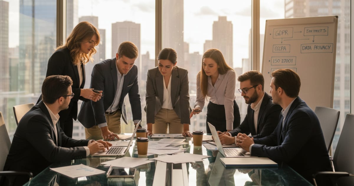 Diverse team discussing IT compliance