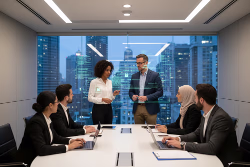 Professionals strategizing cybersecurity services