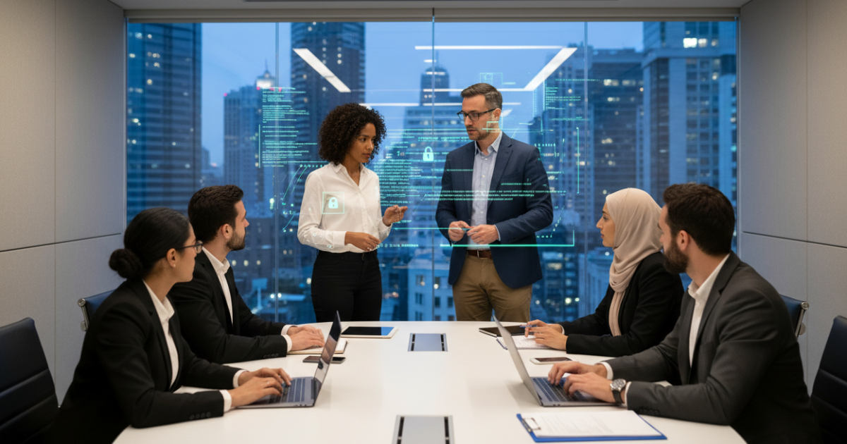 Professionals strategizing cybersecurity services