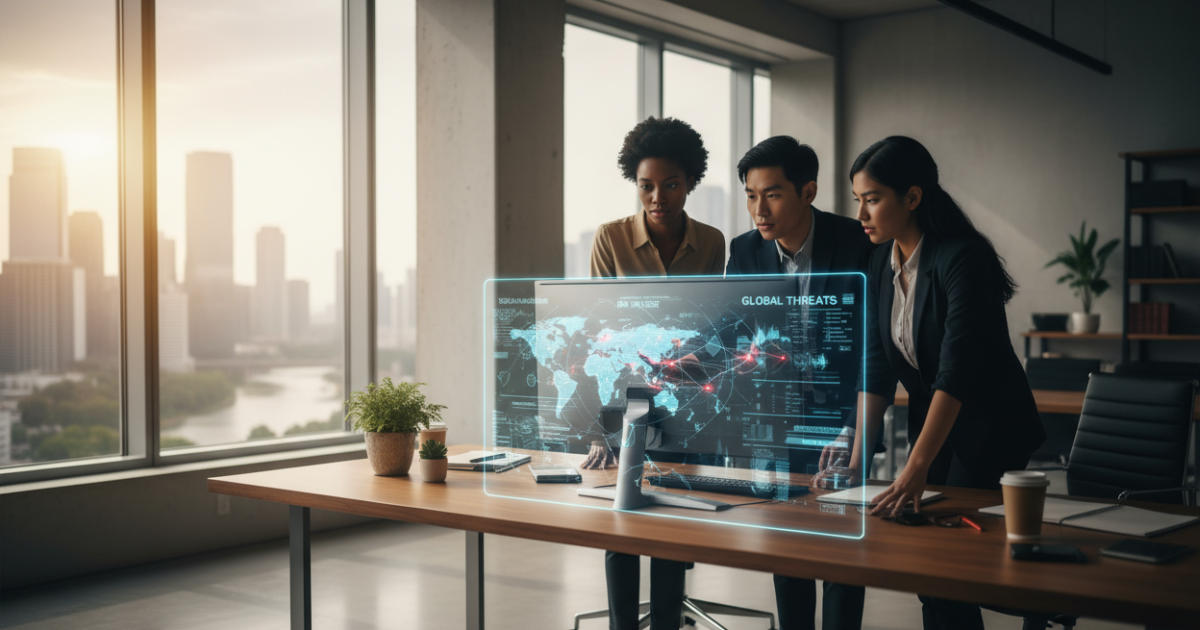 Team analyzing cybersecurity threats hologram