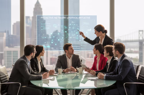 Professionals reviewing Business Network Upgrade Signs