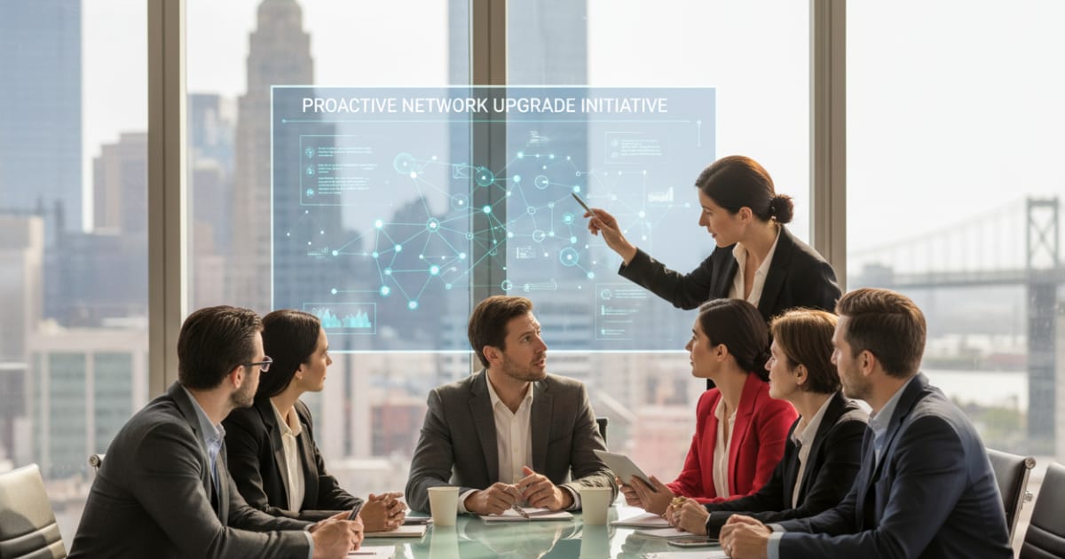 Professionals reviewing Business Network Upgrade Signs