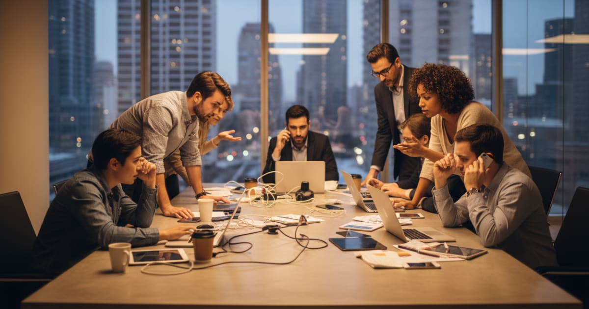Diverse professionals facing IT downtime productivity loss