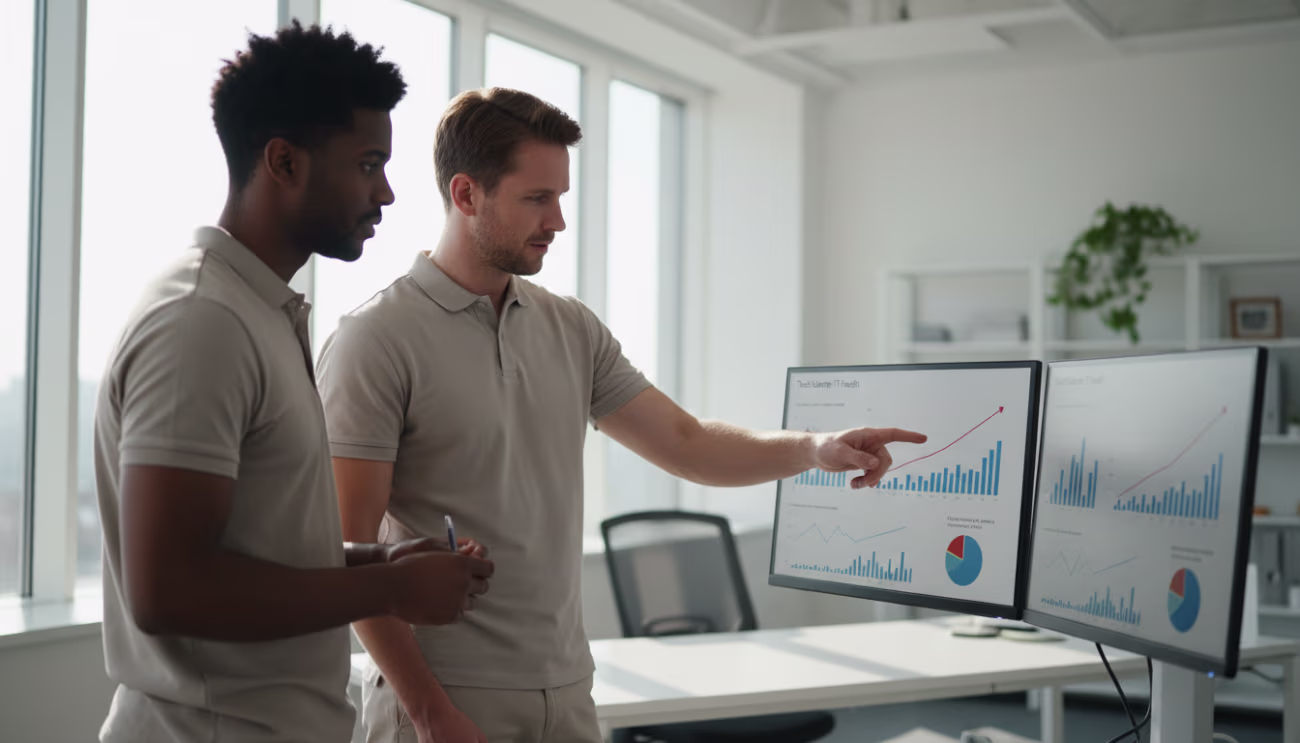 Two men analyzing Ticket Volume IT Health
