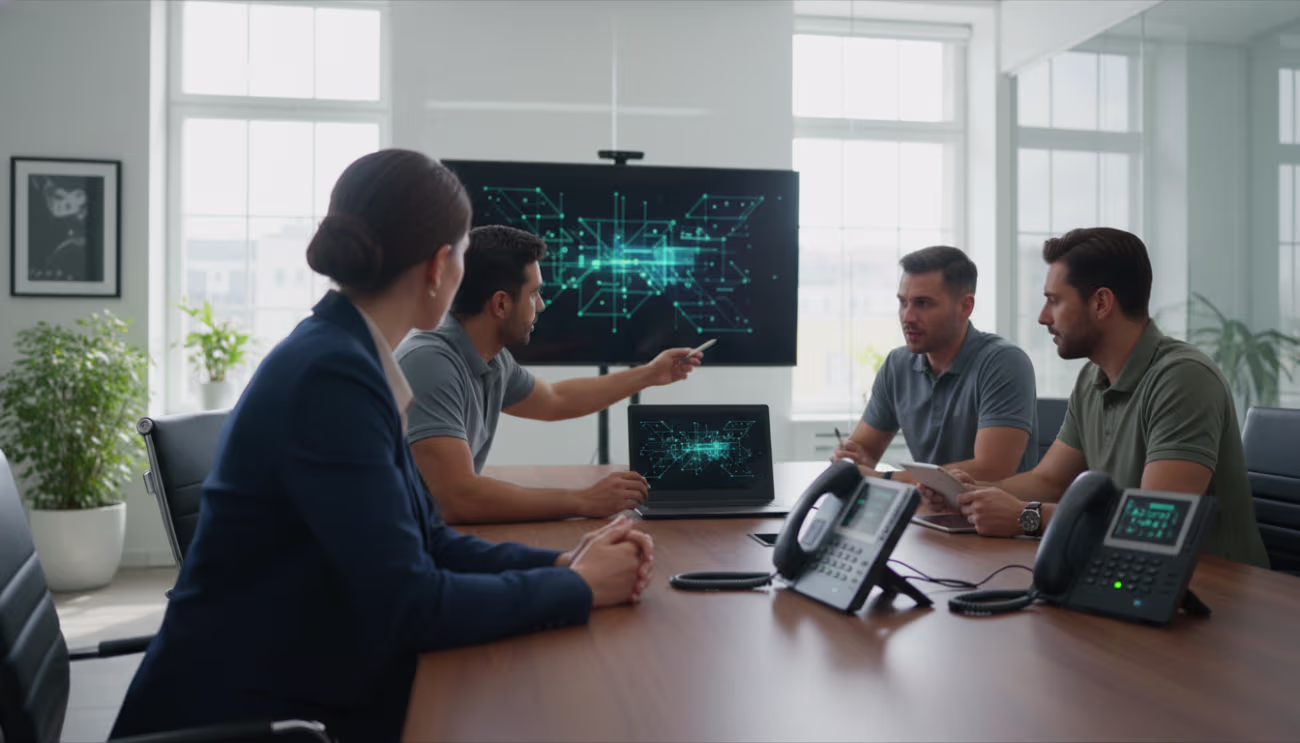 Business meeting discussing Secure VoIP System