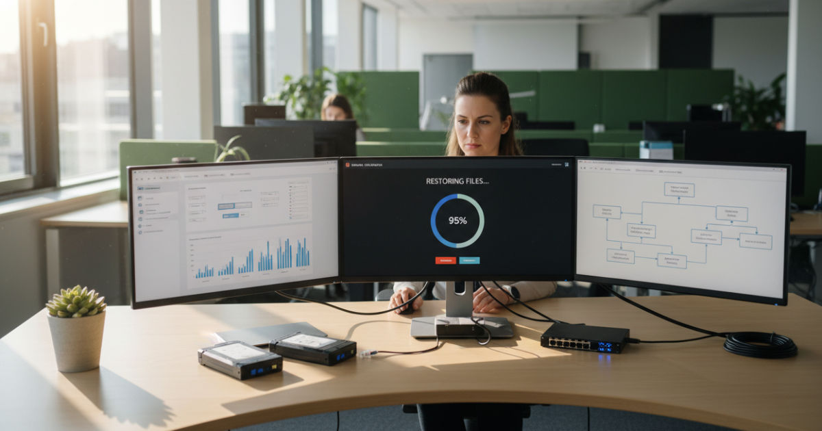 Focused worker managing reliable backup strategy