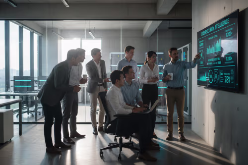 Team reviewing cybersecurity KPIs