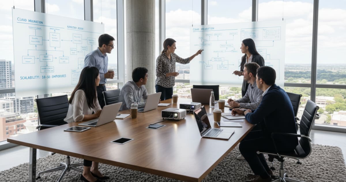 Diverse IT team discussing scalable infrastructure
