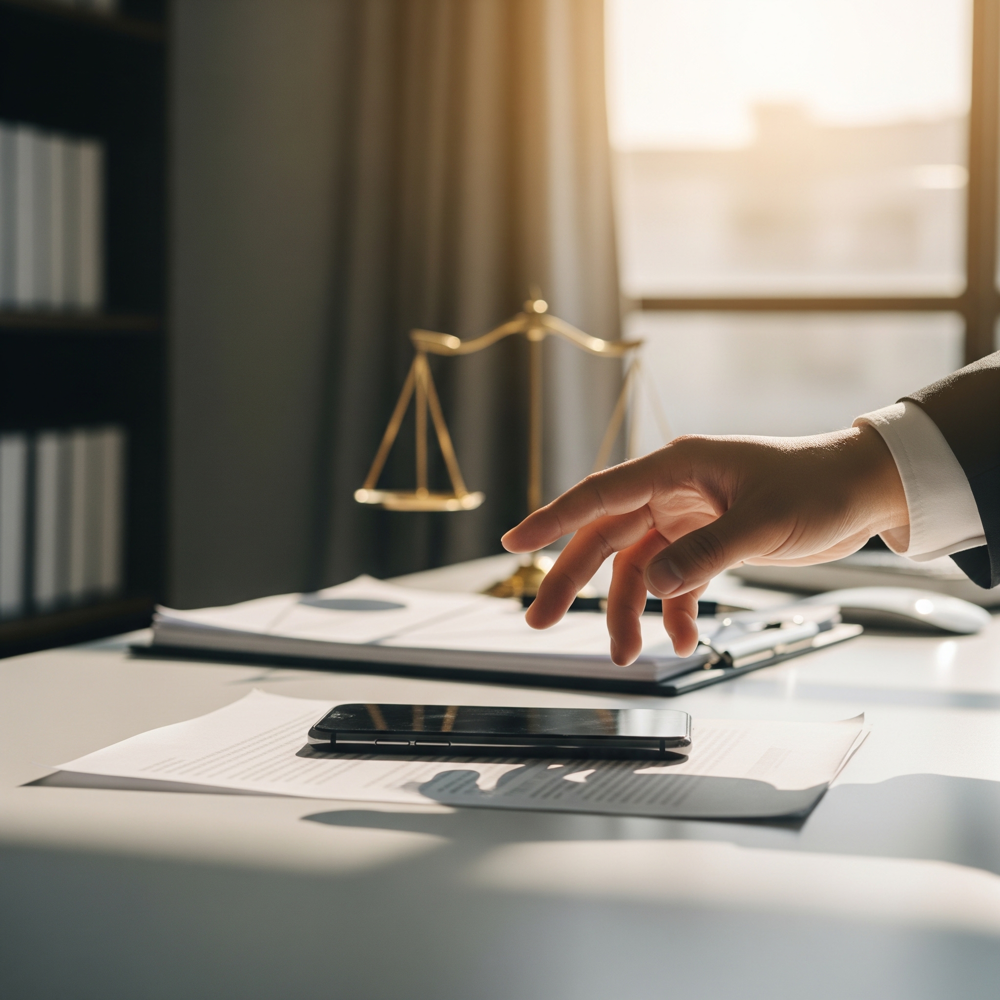 A hand reaches for a smartphone on a desk in a law office, with legal documents and scales of justice visible, symbolizing the act of seeking legal advice.