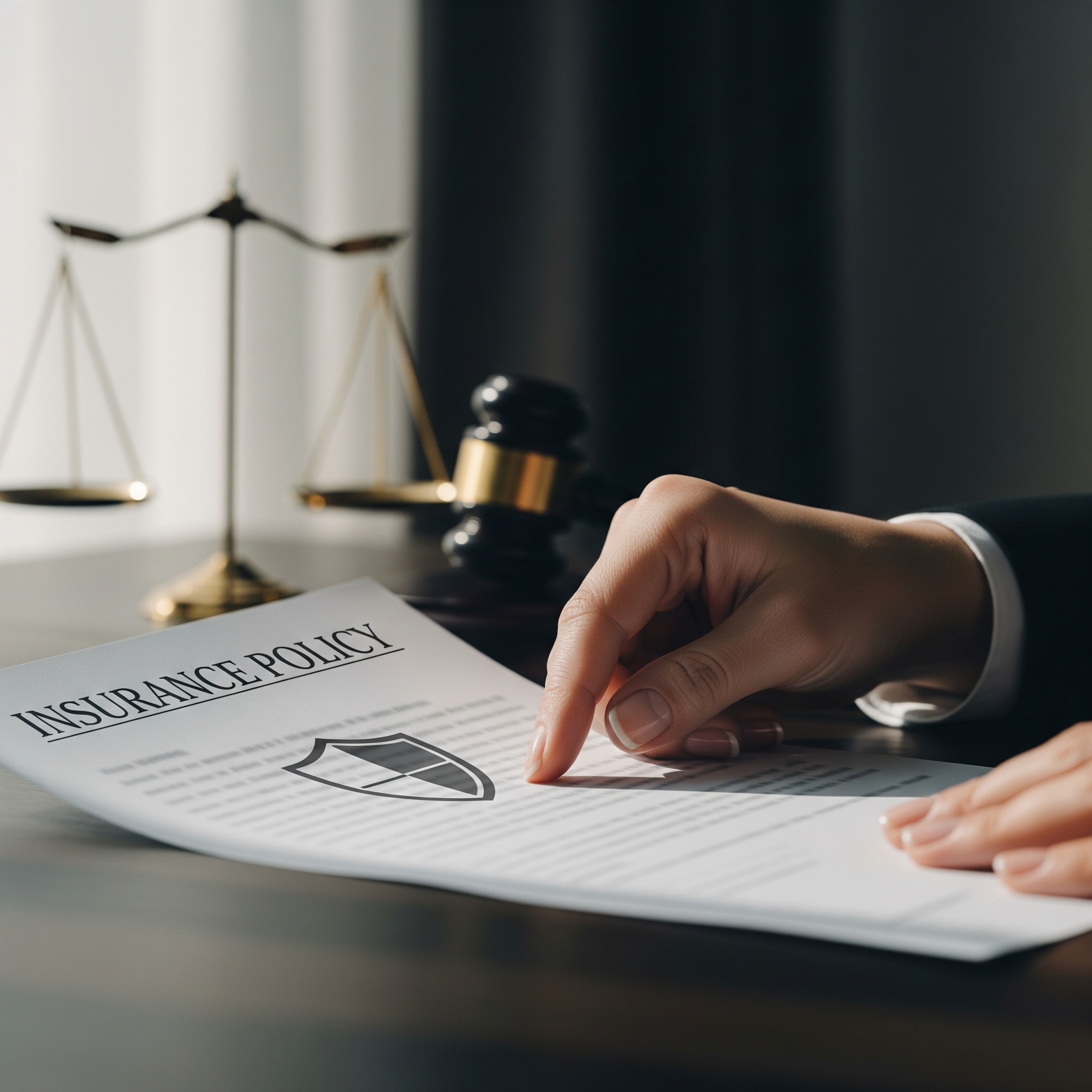 A hand points to an "Insurance Policy" document with a shield symbol, set on a dark desk with scales of justice and a gavel in the background, signifying legal protection.