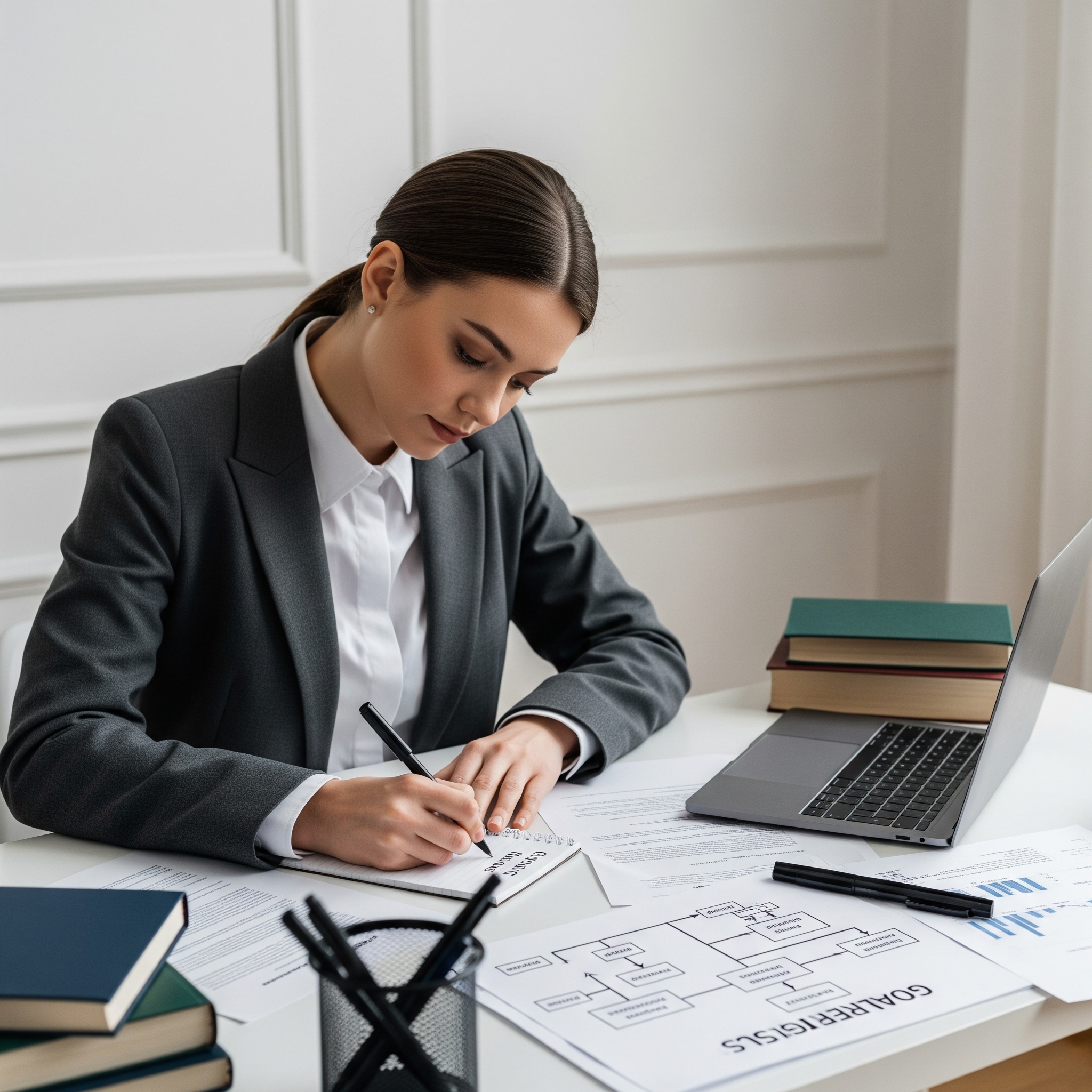 A focused woman in a business suit writes "Goals" on a notepad at a desk, surrounded by legal documents, charts, and a laptop, symbolizing strategic planning.