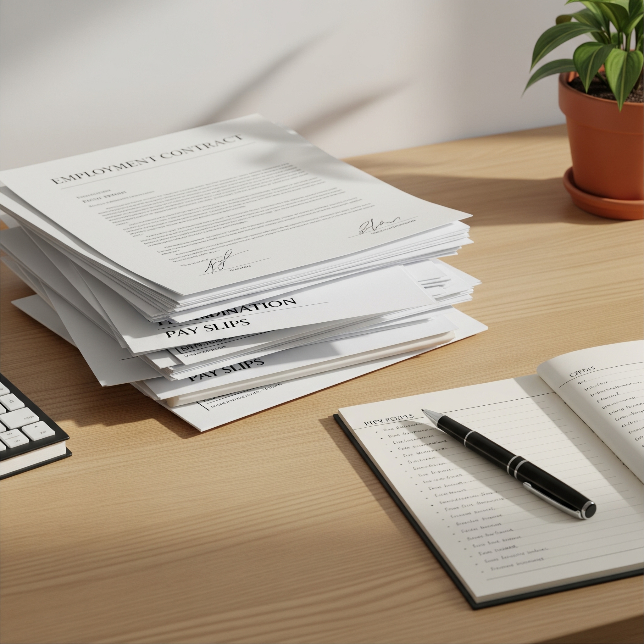 A neatly organized stack of legal documents including an employment contract, termination notice, and pay slips, alongside a notepad and pen, on a wooden desk.