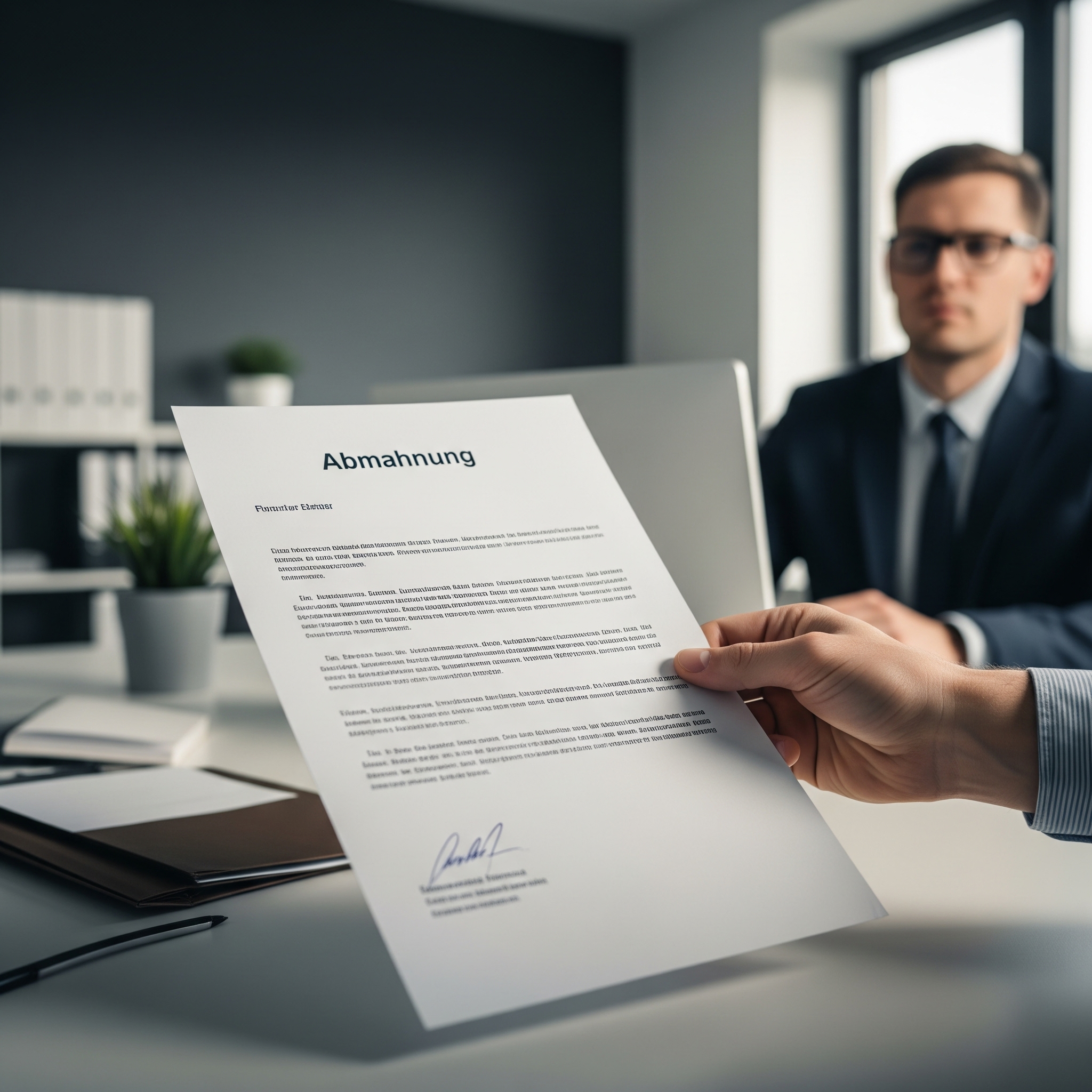 A person's hand receives a formal "Abmahnung" (warning letter) document in a professional office setting, with another person out of focus in the background, signifying a serious workplace matter.