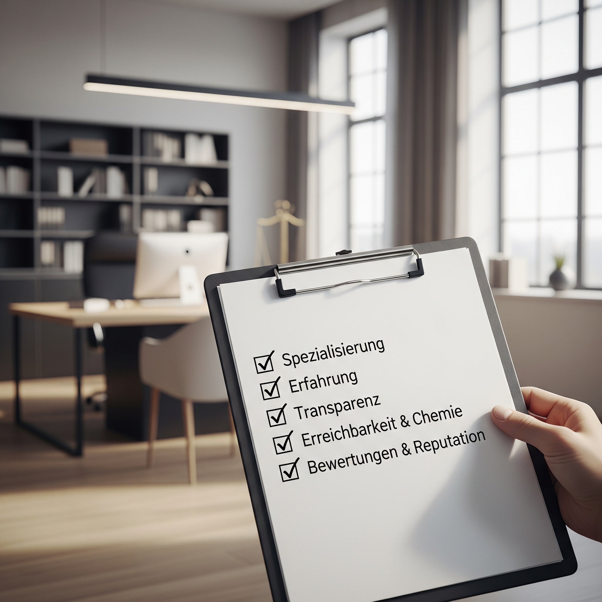 A hand holds a clipboard with a checklist for choosing a lawyer, showing checked items like "Spezialisierung" (Specialization), "Erfahrung" (Experience), "Transparenz" (Transparency), "Erreichbarkeit & Chemie" (Accessibility & Chemistry), and "Bewertungen & Reputation" (Reviews), against a blurred modern office background.