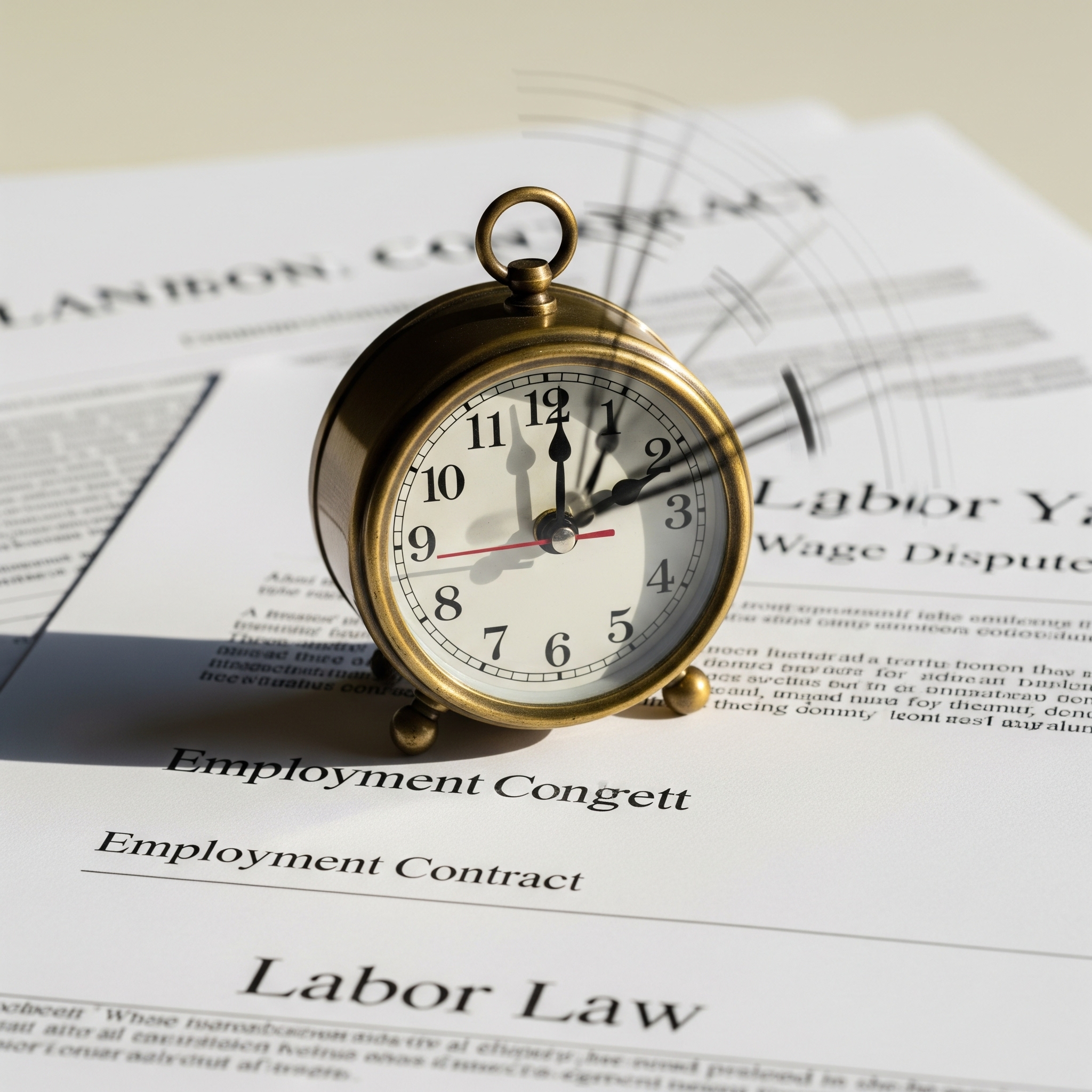 An antique alarm clock with blurred, fast-moving hands sits on legal documents titled "Employment Contract" and "Labor Law," symbolizing urgent deadlines.