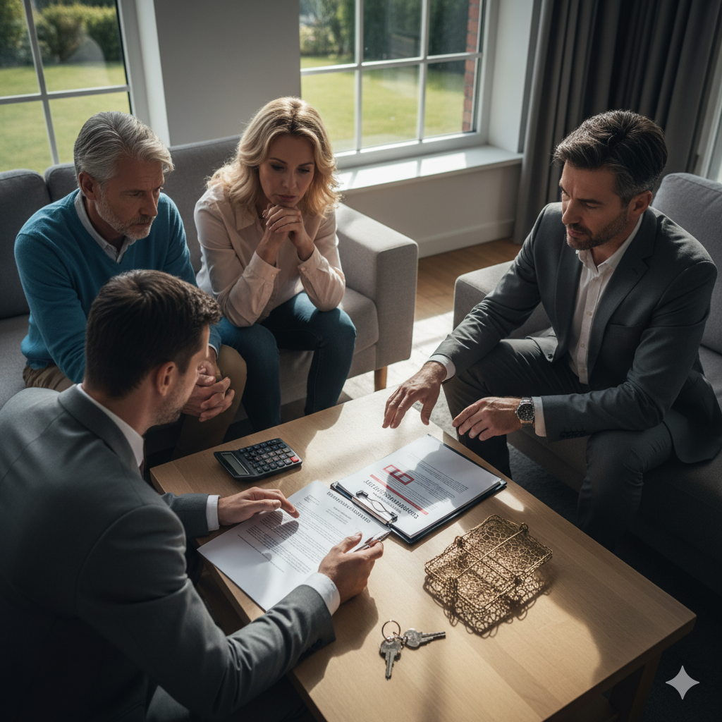 In einem modernen Wohnzimmer findet ein ernstes Beratungsgespräch statt. Ein älteres Ehepaar sitzt mit besorgten Mienen auf einem Sofa, während ihnen zwei Männer in Anzügen Dokumente auf einem Couchtisch erläutern. Auf dem Tisch liegen Verträge, ein Tasche