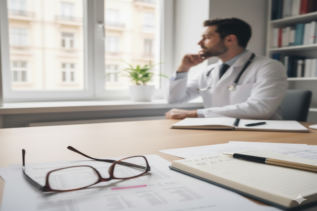 Der Fokus liegt auf einem aufgeräumten Schreibtisch im Vordergrund, auf dem eine Lesebrille, Papiere und ein Notizbuch mit einem Stift liegen. Im unscharfen Hintergrund sitzt ein Arzt im weißen Kittel mit einem Stethoskop nachdenklich am Schreibtisch und b