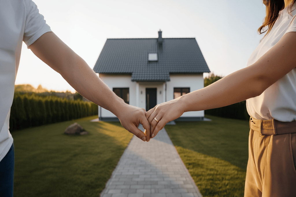Ein Paar hält Händchen vor einem Einfamilienhaus als Symbol für den rechtssicheren Hauskauf mit einem Anwalt.
