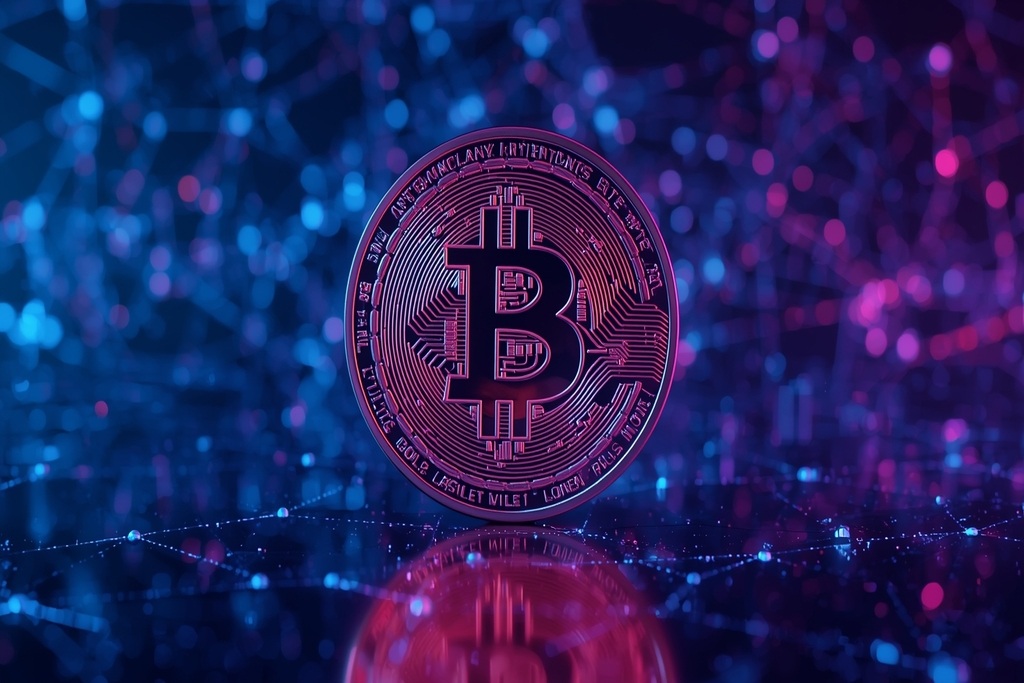 Eine Bitcoin-Münze vor einem digitalen Netzwerk, Symbol für die Besteuerung von Kryptowährungen.