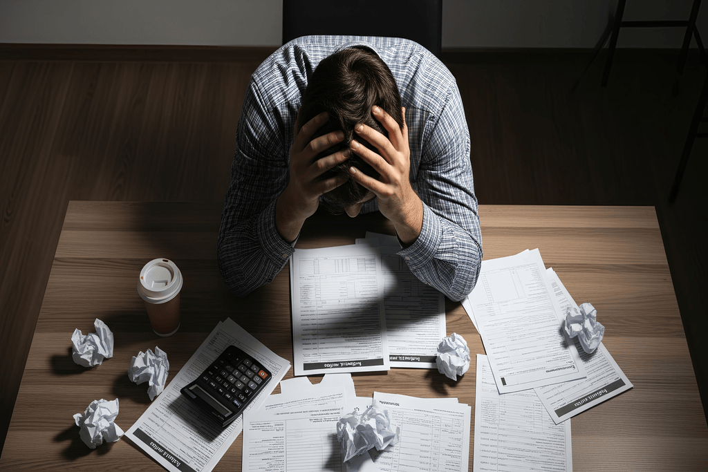 Gestresster Mann mit Kopf in den Händen vor einem Schreibtisch voller Dokumente und einem Taschenrechner.