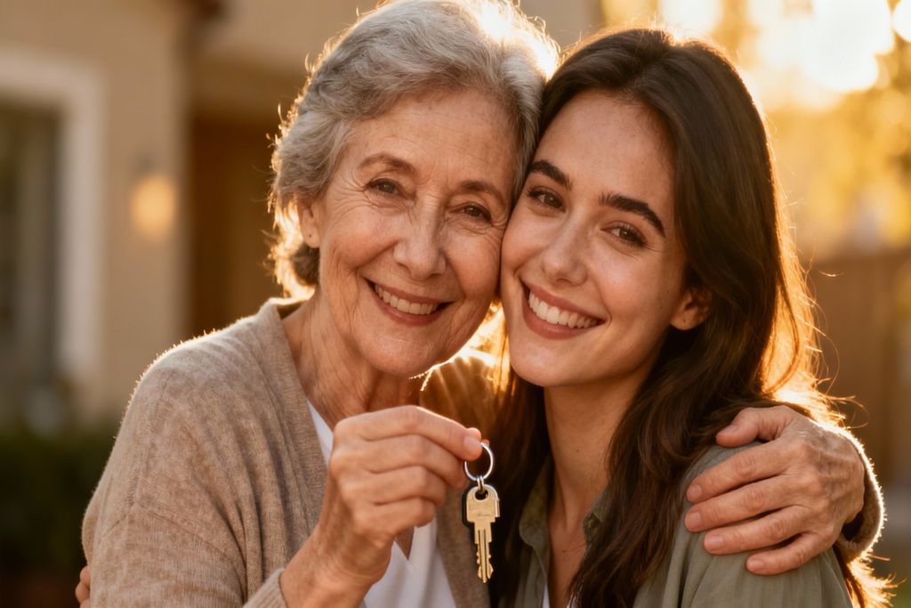 Eine ältere und eine jüngere Frau umarmen sich glücklich und halten einen Hausschlüssel in die Kamera.