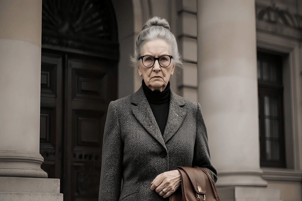 Eine streng blickende ältere Frau mit Brille und Aktenkoffer, Symbol einer Steuerprüferin.