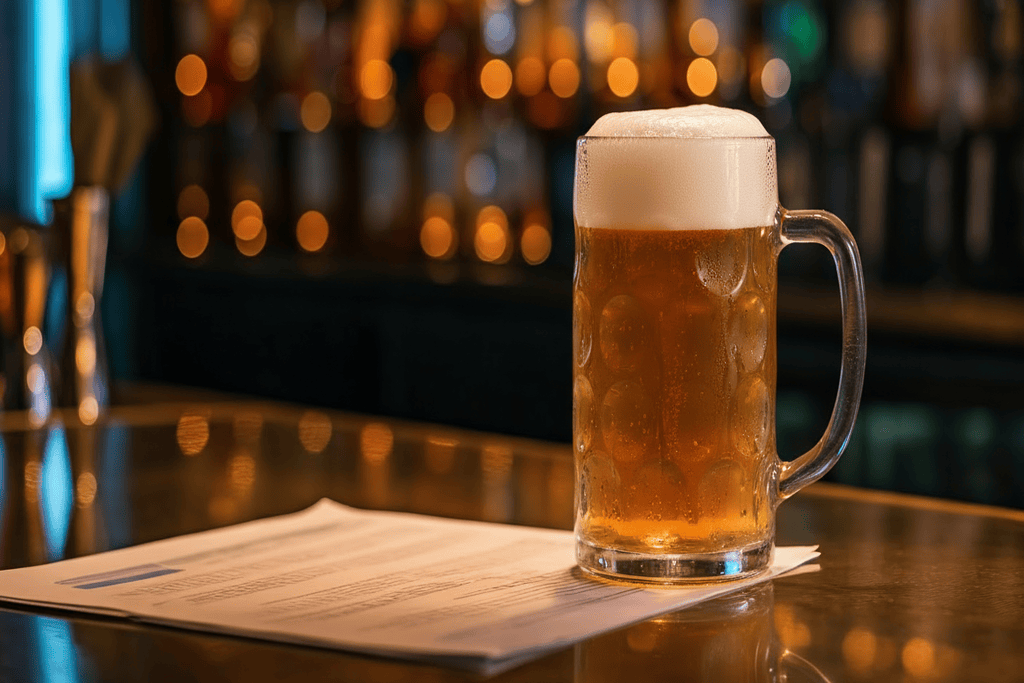 Ein Maßkrug Bier steht neben Geschäftspapieren auf einem Bartresen, Symbol für Gastronomierecht.