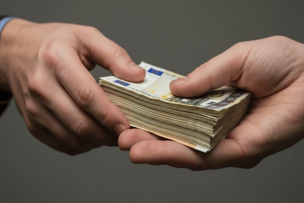Zwei Hände übergeben einen dicken Stapel Euro-Bargeld, Symbol für Geldwäsche und Rechtsberatung.