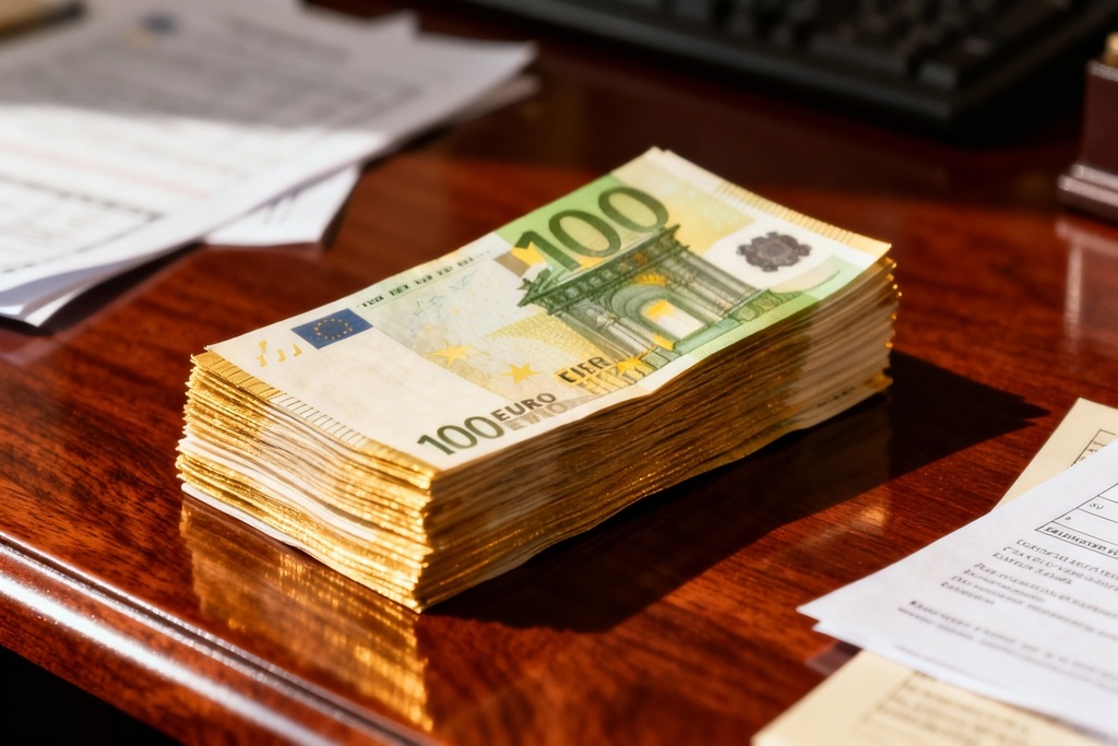 Stapel von hundert Euro-Scheinen auf einem Schreibtisch, der finanzielle oder steuerliche Themen bei Treml und Partner in Regensburg illustriert.