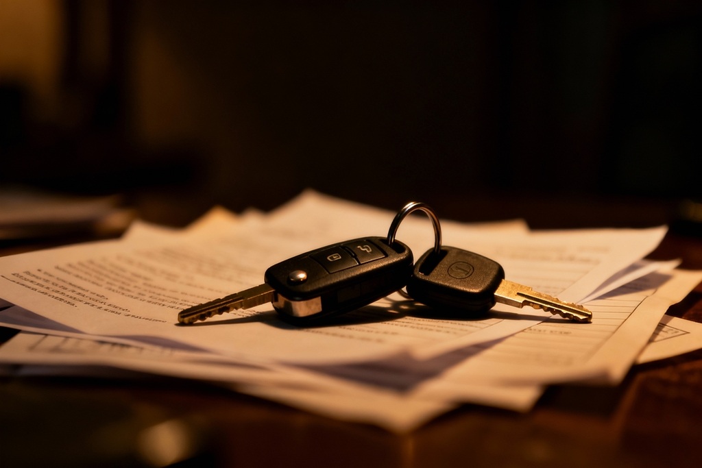 Zwei Autoschlüssel liegen auf einem Stapel unklarer Dokumente, was Verkehrsrecht oder Kfz-Kaufverträge darstellt.