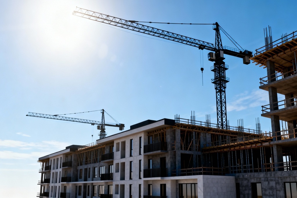 Neubau mit Kränen bei Sonnenlicht, steht für juristische Beratung im Baurecht durch Treml und Partner.