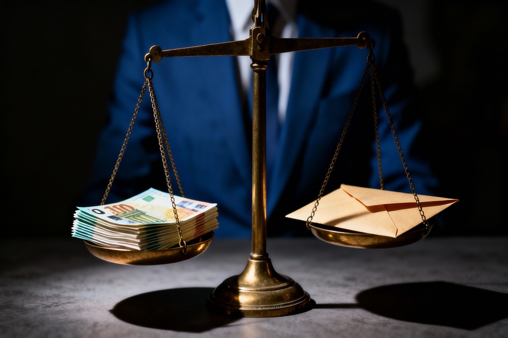 Nahaufnahme einer Justitia-Waage mit Euro-Geldscheinen auf der einen und einem Umschlag auf der anderen Seite, Symbol für Bestechung oder Gerechtigkeit.