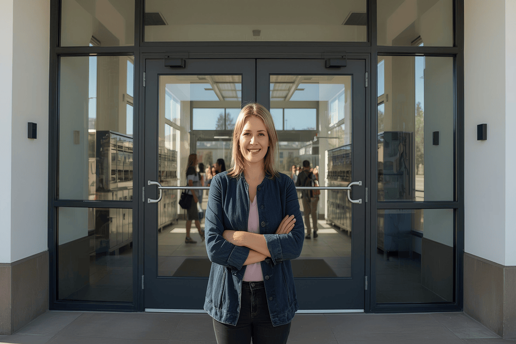 Freundliche Anwältin mit verschränkten Armen vor dem modernen Eingangsbereich eines Gebäudes.
