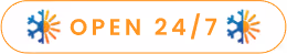 Orange and blue Open 24/7 sign with snowflake icons