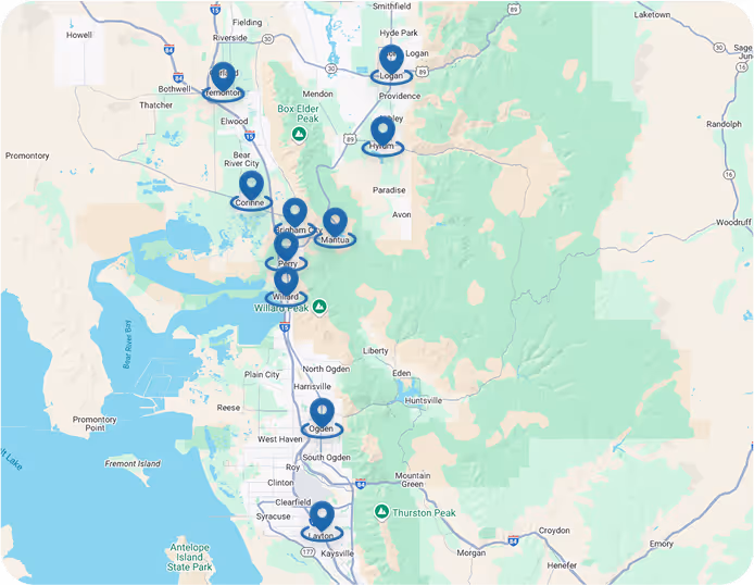 Map of Utah showing multiple blue location markers around Ogden area