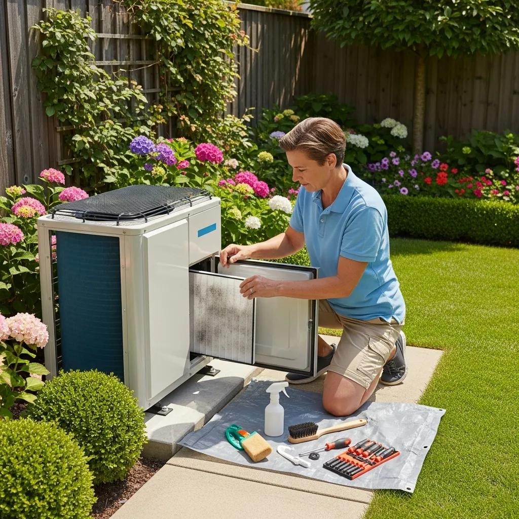 Homeowner cleaning around an outdoor heat pump unit as part of regular maintenance