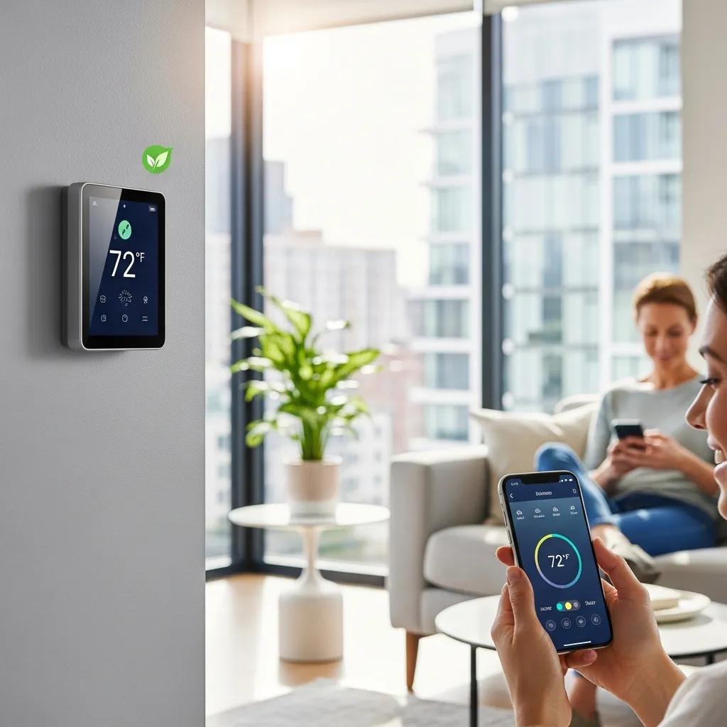 Smart thermostat in a modern home showing energy‑saving features