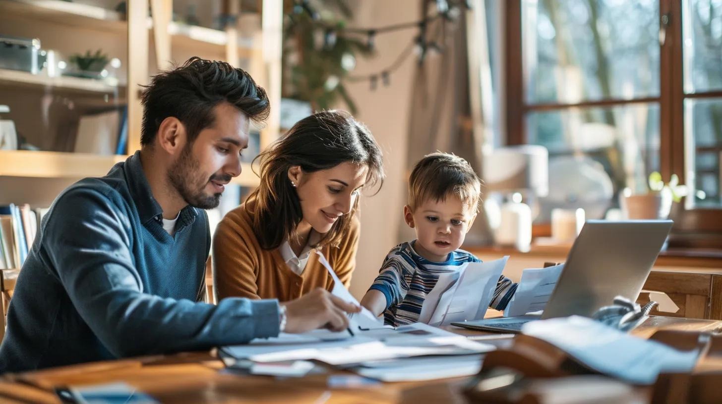 Family discussing HVAC financing options at a dining table with documents and laptop