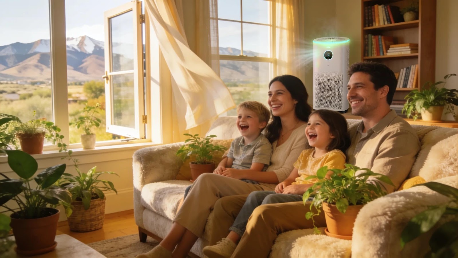 Cozy living room emphasizing indoor air quality with a family and air purifier