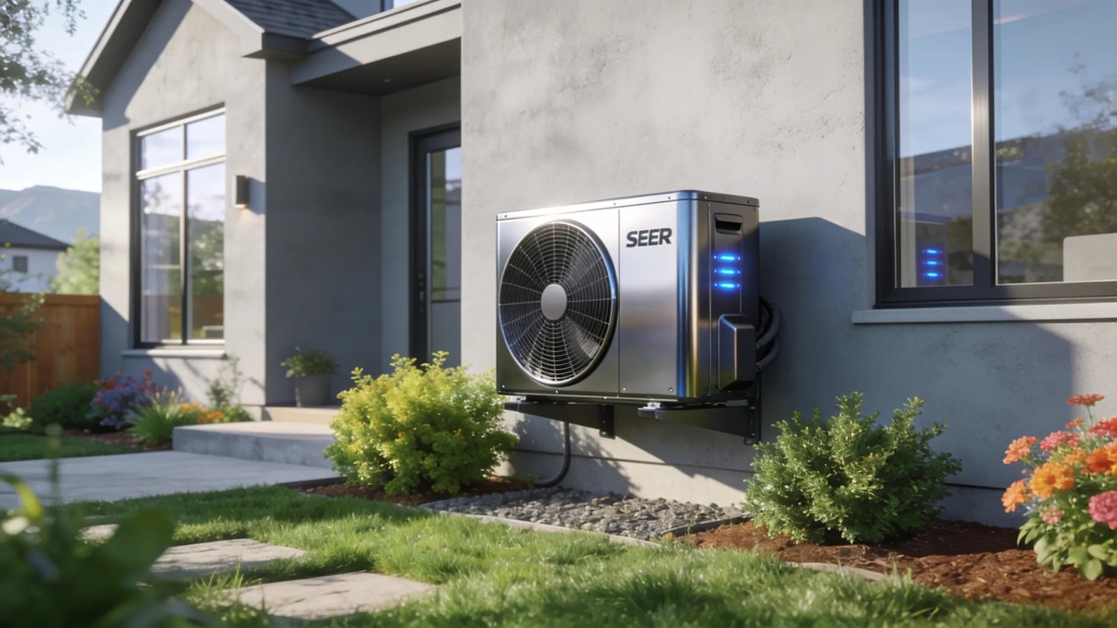 High SEER air conditioning unit installed outside a modern Brigham City, UT home, illustrating energy efficiency and cooling advantages