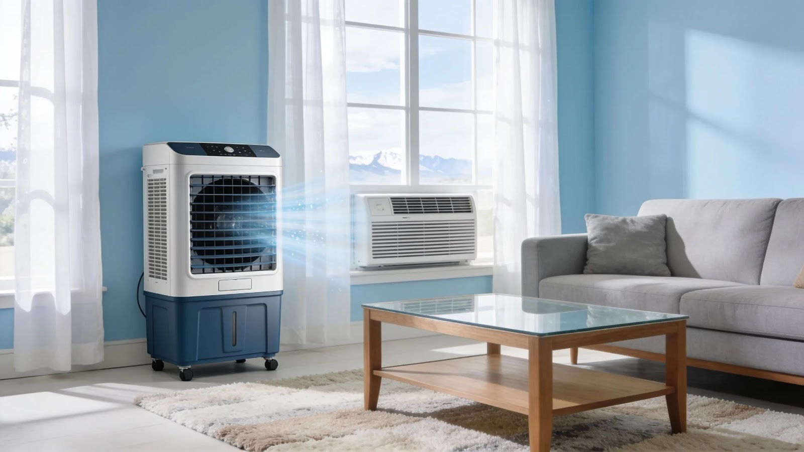 Modern living room featuring energy-efficient cooling solutions, highlighting comfort and summer readiness