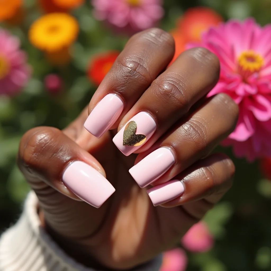 Pale pink square nails with a delicate gold foil heart design on one accent nail for a touch of elegance. The hand is well-moisturized with a Dark Brown skin tone, gracefully positioned with fingers slightly spread to showcase each nail. The background consists of vibrant flower garden, slightly blurred, with natural sunlight casting a glow on the nails, emphasizing their texture and depth. The image has a high-quality, DSLR or smartphone photo aesthetic, ensuring sharp details and realistic lighting. No objects are being held.