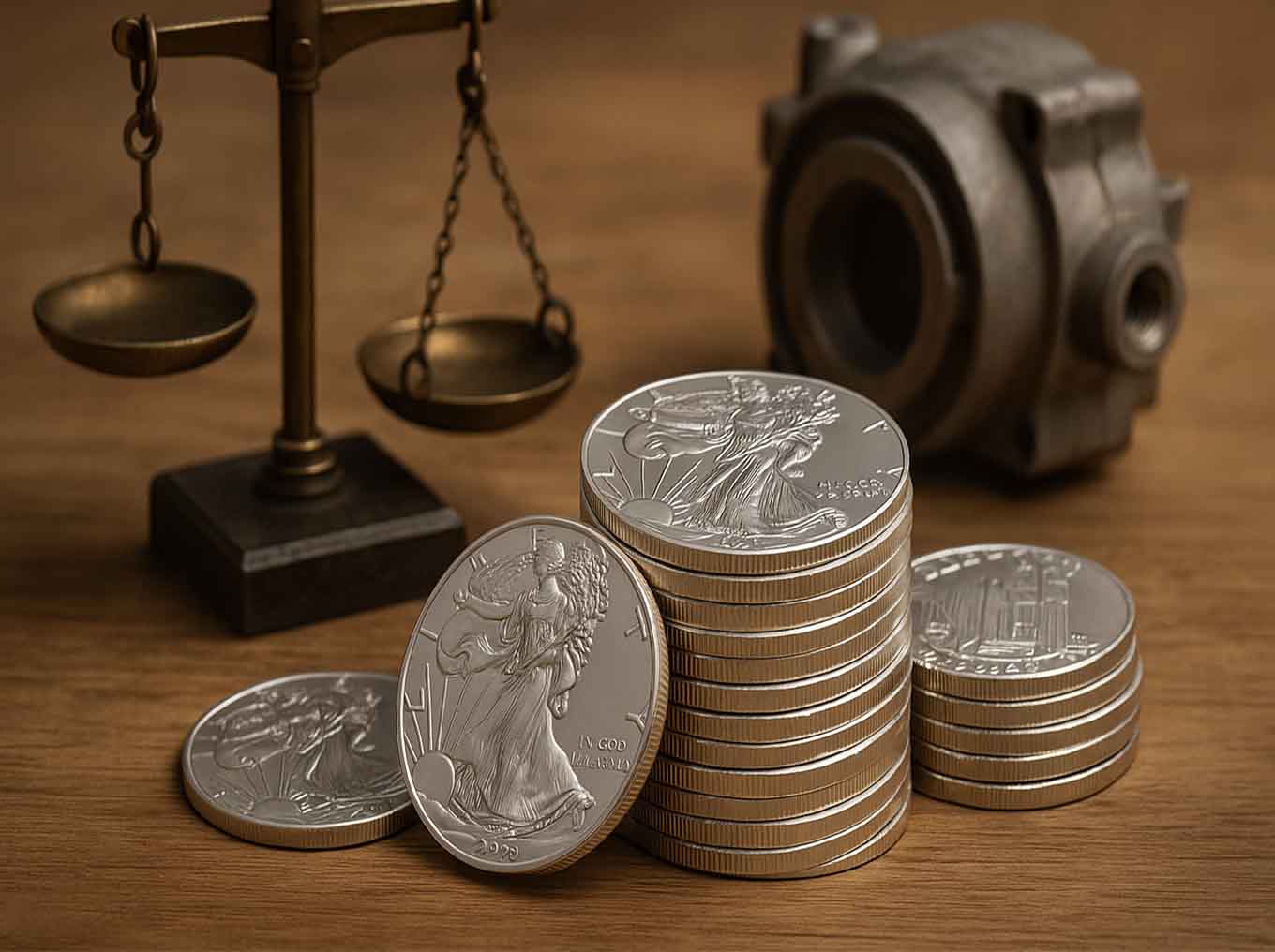 Close-up of silver bullion coins beside antique scales, symbolizing silver’s historical role as money and its modern industrial value.