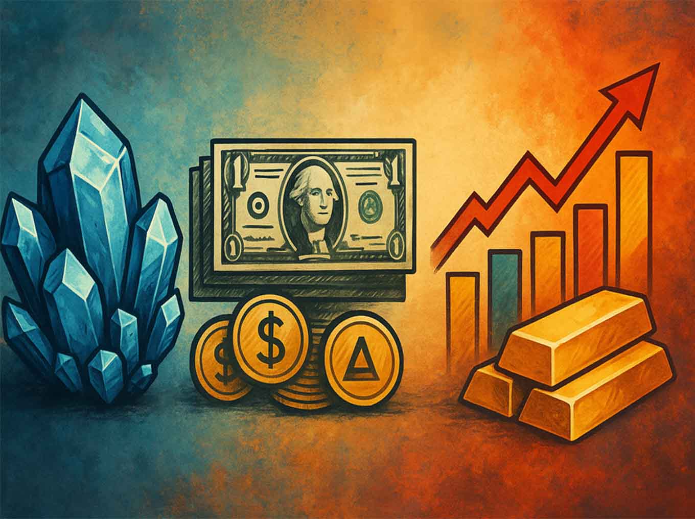 Abstract image of cobalt, gold, dollar, inflation chart