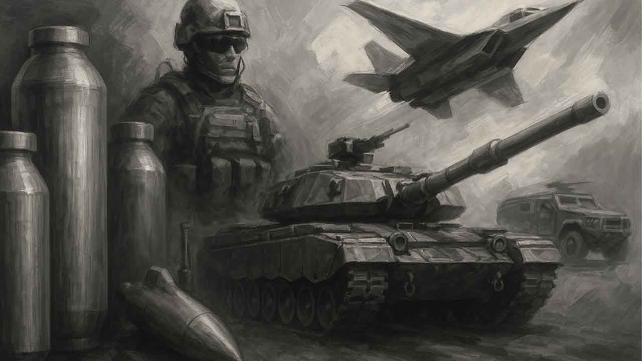 Abstract illustration of titanium in aerospace and military use.