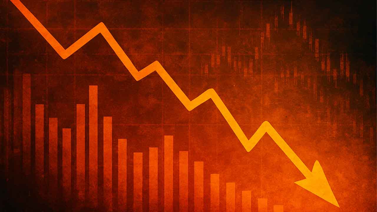 Abstract illustration of copper market decline with bold copper tones and downward price trend visuals