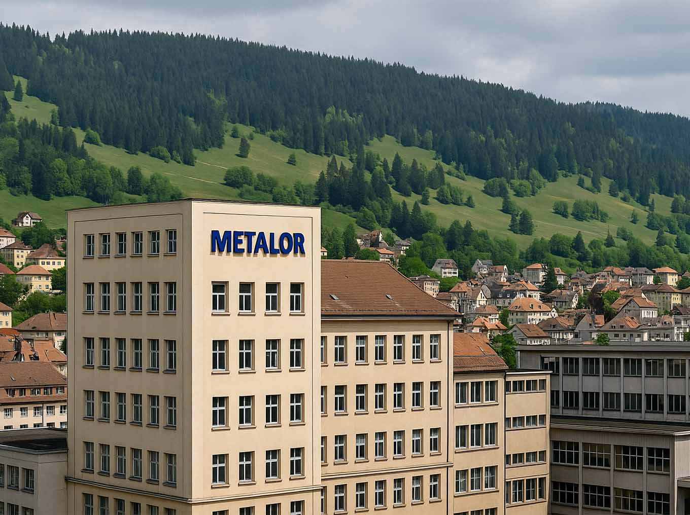 A view of the Metalor gold refinery in Le Locle, Switzerland, with the Jura Mountains in the background.