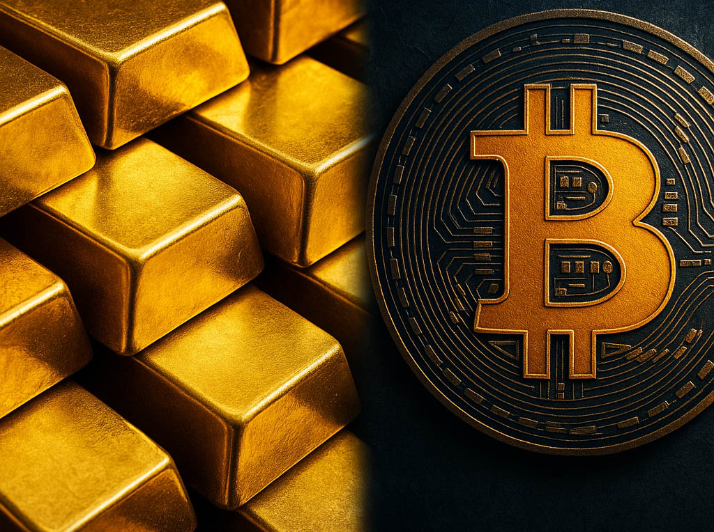 Gold bars stacked in a secure vault contrasted with a glowing digital Bitcoin coin emerging