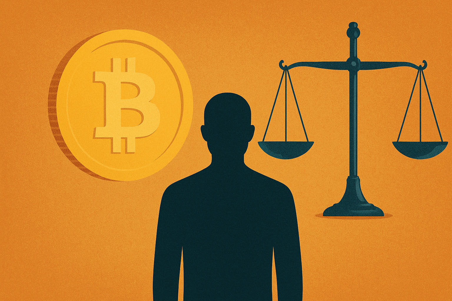 Illustration of a Bitcoin coin, a human silhouette, and a balance scale symbolizing investor decision-making and inner conflict in Bitcoin investing.